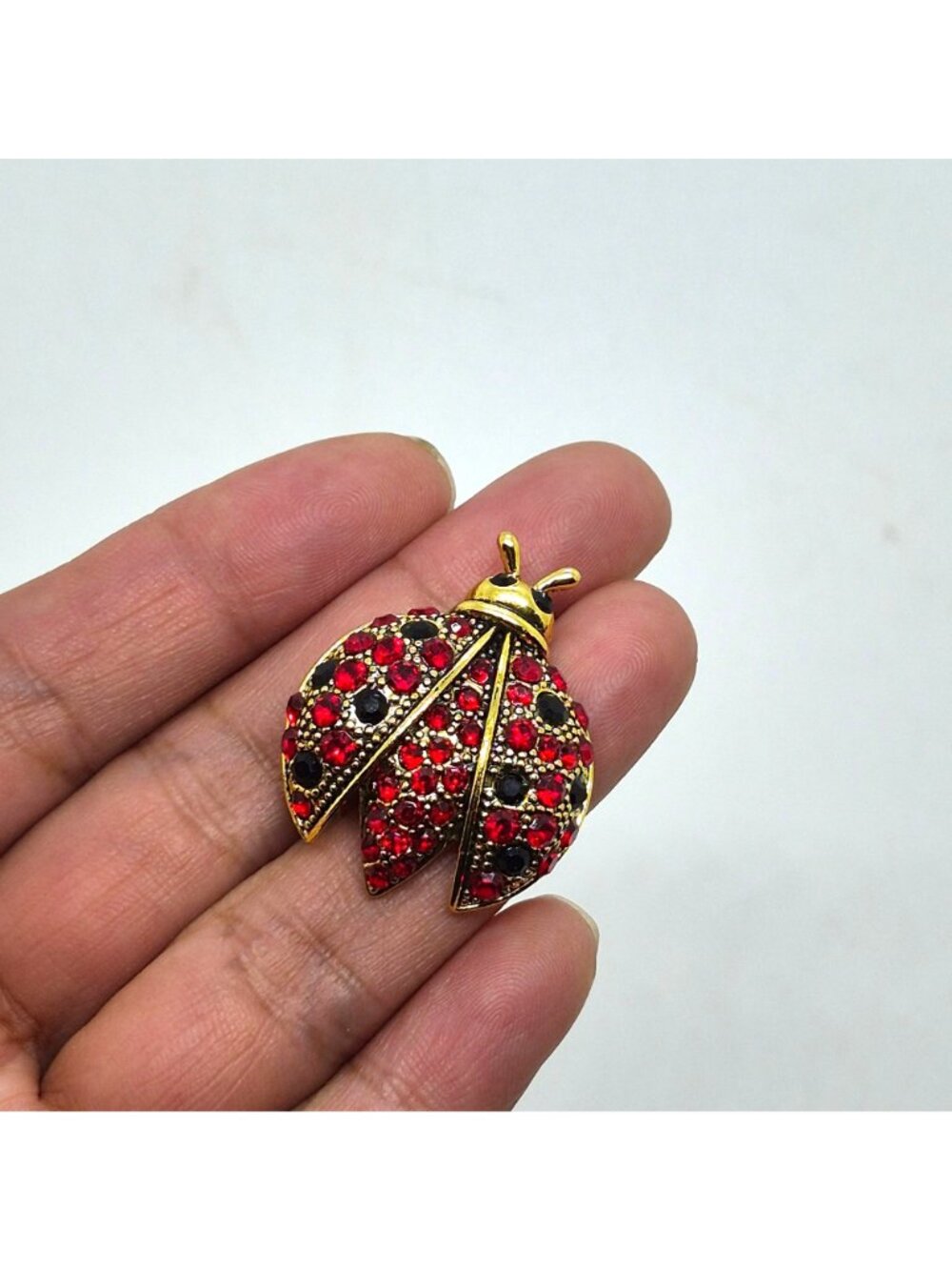 Vintage Red Ladybug Brooch Pin Gold Rhinestone Beetle Crystal Insect Jewelry New - Picture 3 of 5